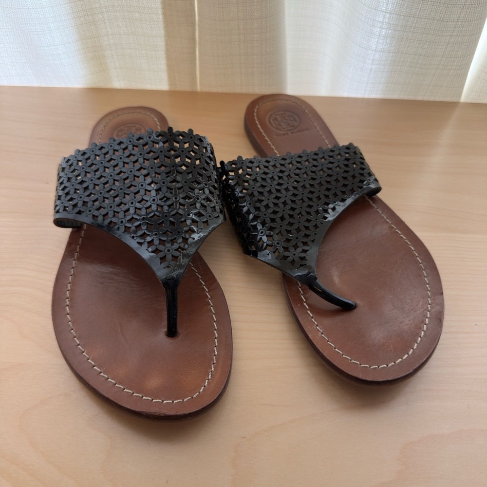 Tory Burch Black and Brown Daisy Perforated Sandals